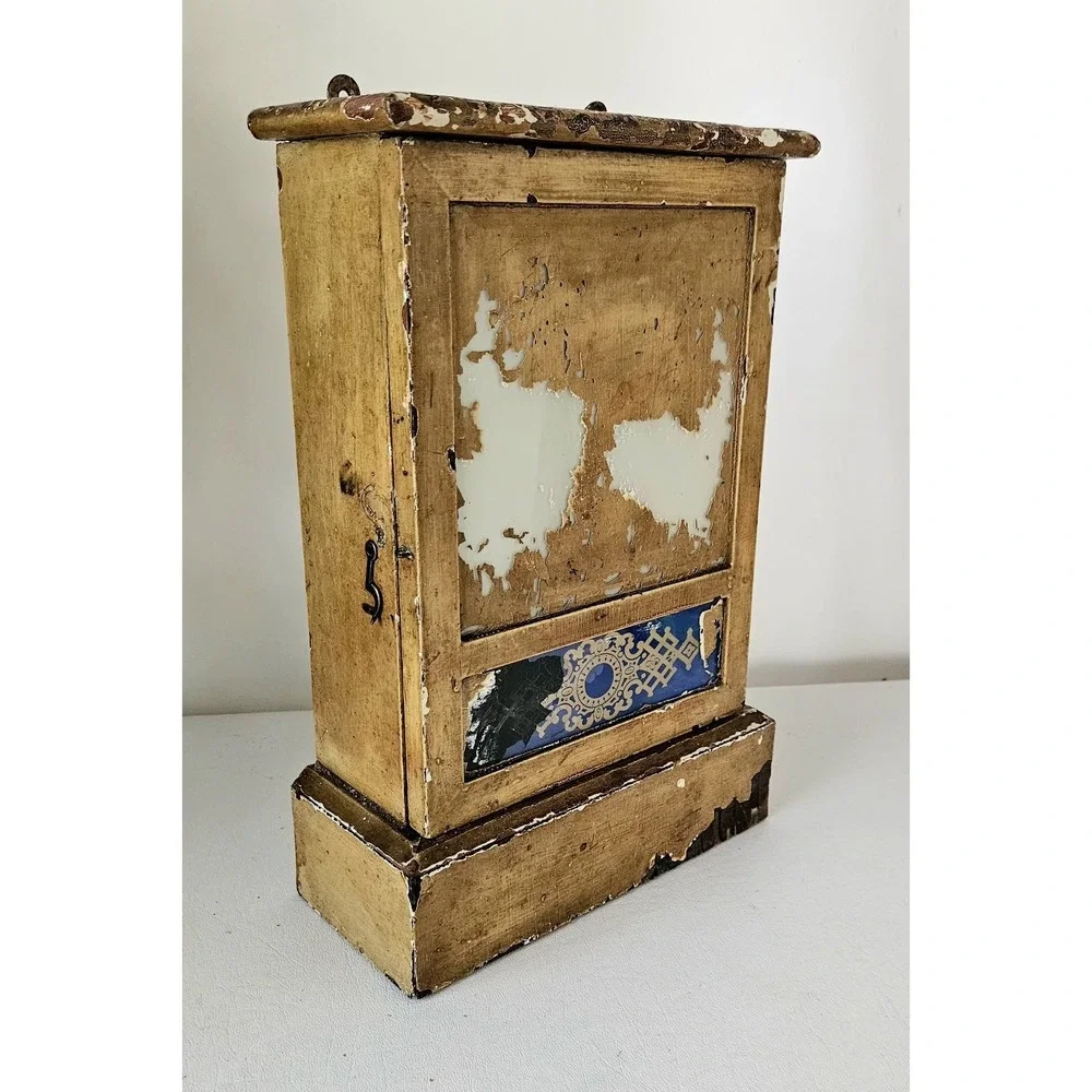 Primitive Wood Wall Cabinet Old Mustard Yellow Glass Panels